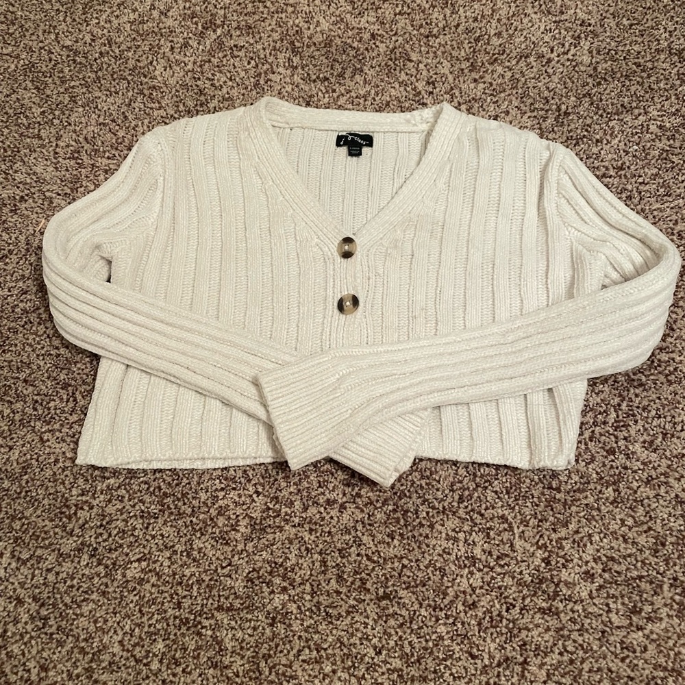 White Ribbed Cardigan with Gold Buttons